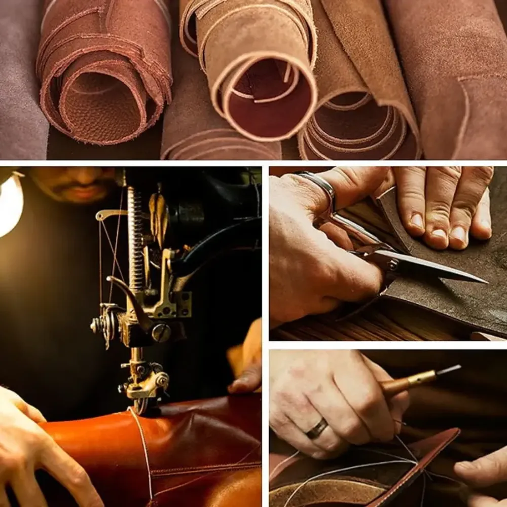 Hands working a leather panel with a stitching awl and edge tools on a workbench