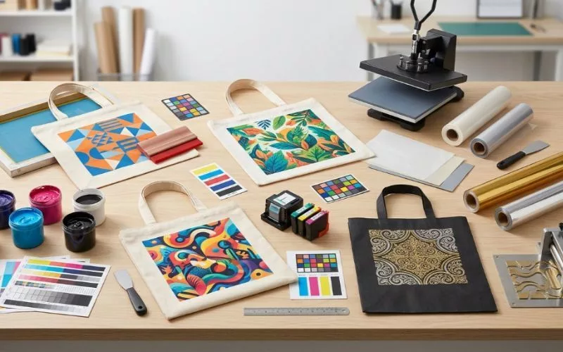 Tote bags and swatch books spread across a worktable beside a heat press, ink pots and foil rolls