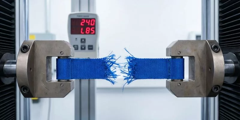 Laboratory Tensile Testing Machine Ripping a Piece of Blue 1680D Polyester Fabric Under High Tension
