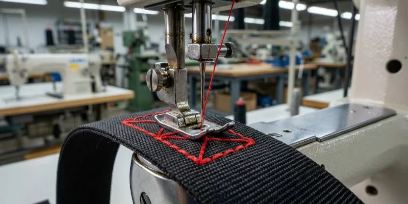 Close-up of Juki 1541 Industrial Sewing Machine Creating Box-X stitches on a Backpack Strap