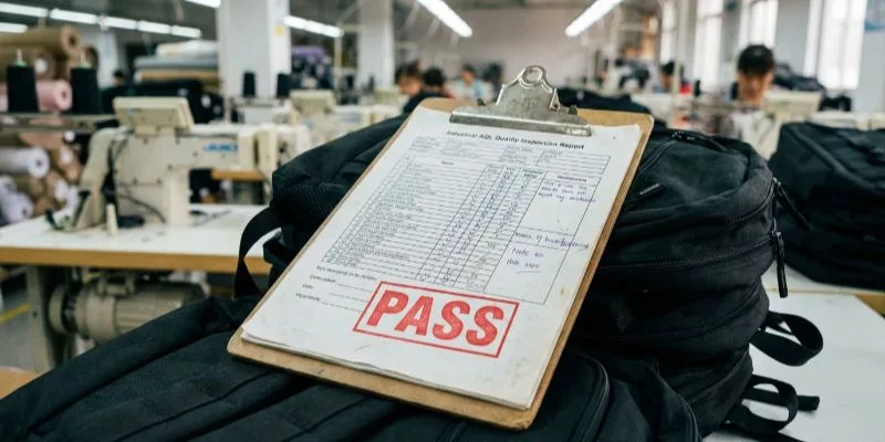 A Real ISO 2859-1 AQL Inspection Checklist with a Red PASS Stamp Resting on Finished Backpacks