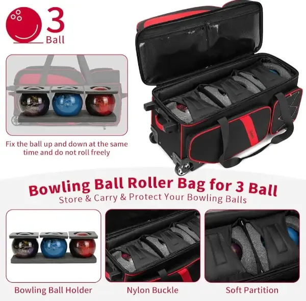 An open three-ball roller bag shown with its ball wells, a cutaway view of the shelf under them and detail panels of the buckle and partition