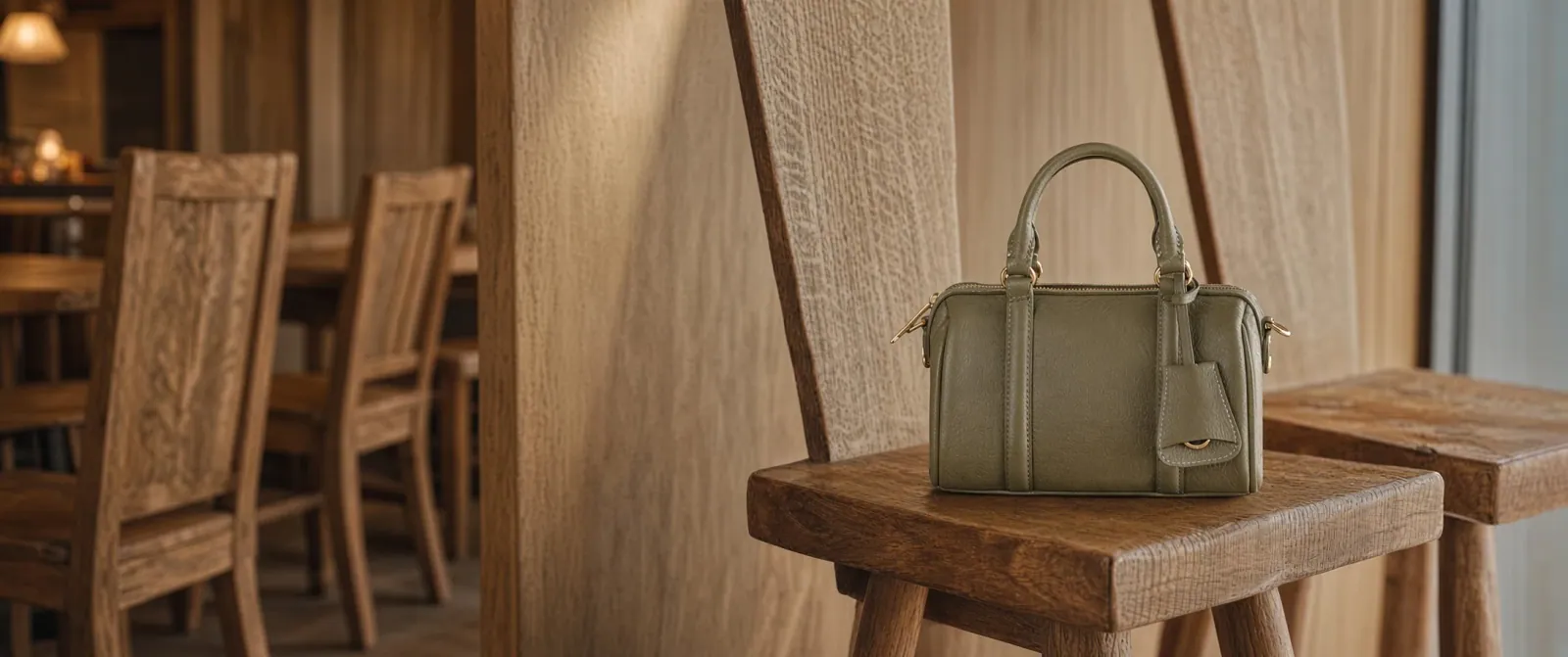 A leather top-handle bowling bag in olive green standing on a wooden stool in a warm café interior