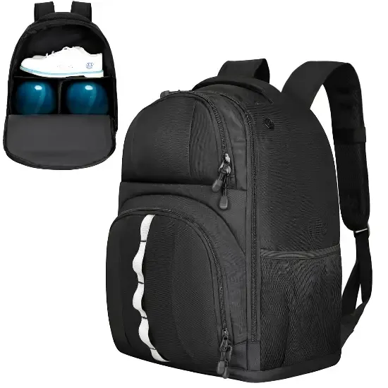 A black bowling backpack shown closed with two mesh ball pockets behind a shoe compartment, and an inset view of the open front