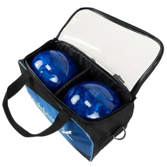An open two-ball bowling bag in blue and black with two blue balls seated in separate wells under a propped lid