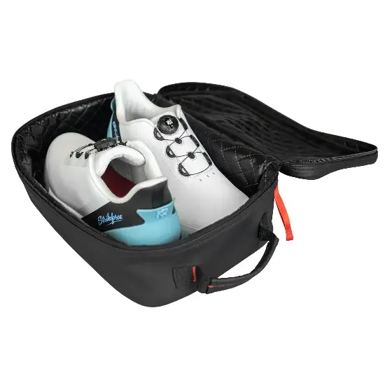 An open black shoe bag holding a pair of white and blue bowling shoes