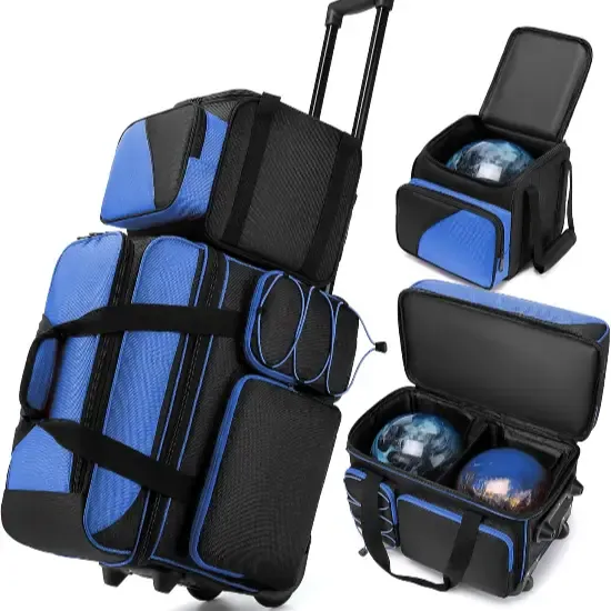 A black and blue tournament roller bag with an extended telescopic handle and three balls in wells, shown with two smaller companion bags