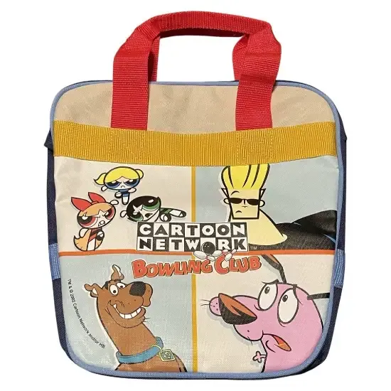 A child-sized tote bag with red webbing handles and a printed character panel across the front