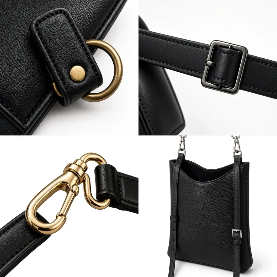 Four close-ups of a crossbody strap: a stitched tab with a brass D-ring riveted to a black panel, a black buckle on a leather strap, a gold swivel snap clip on a black loop, and a black bucket bag carried on a buckled strap