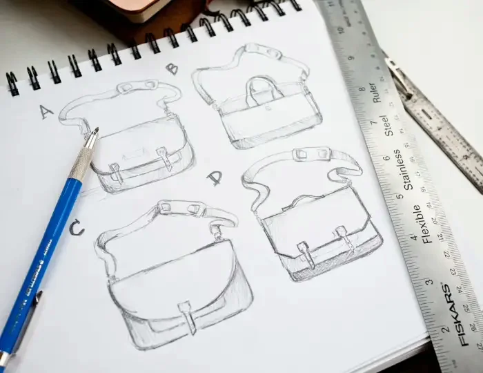 A hand sketching crossbody bag fronts in pencil on a ruled notebook page, a tape measure and a pen beside the drawing