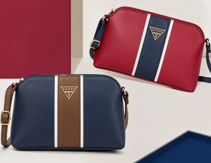 Two crossbody camera bags with woven webbing stripes across the front, on a cream surface