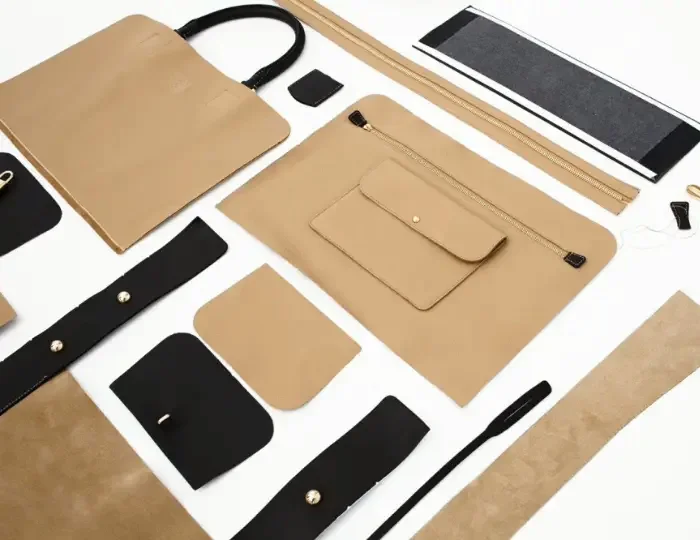 Flat leather and canvas panels in tan, black and grey laid out alongside straps, zips and a cut ruler on a white surface