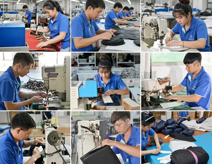 A grid of workshop photographs showing operators in blue shirts at machines stitching, pressing and assembling bags across a factory floor