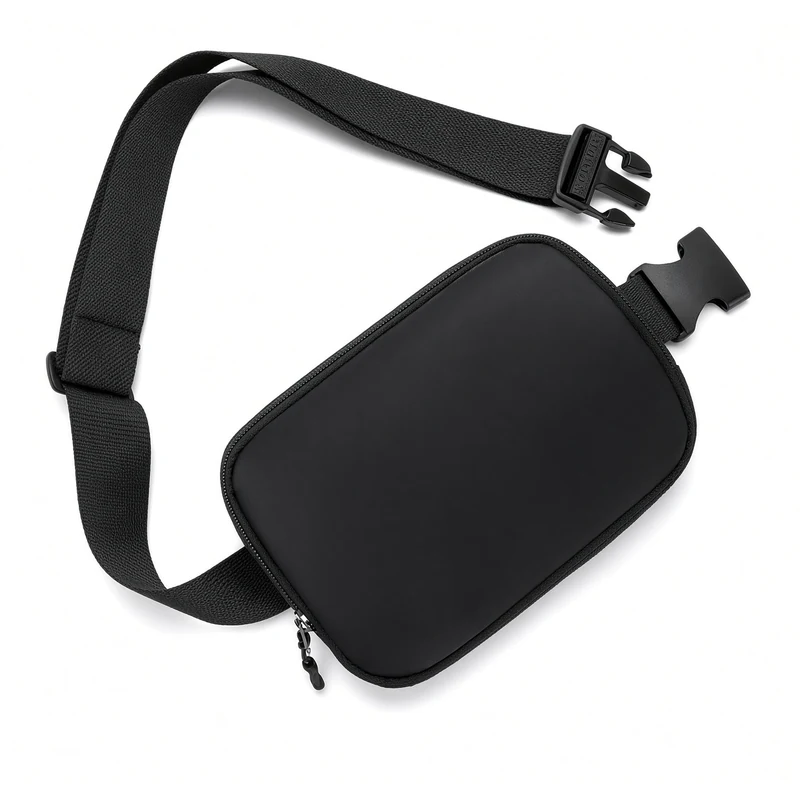 A black belt bag with a wide woven webbing strap and a side-release buckle, its strap looped around it on a white ground