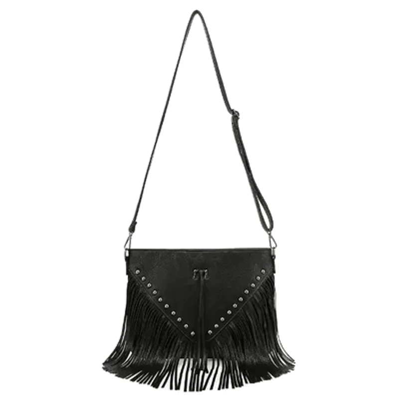 A black suede crossbody bag with a full-width cut fringe and a knotted strap, hanging against a pale ground