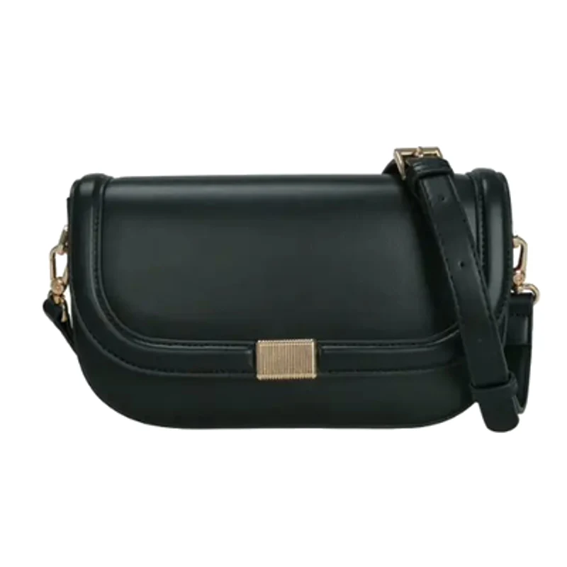 A dark green leather crossbody bag with a fold-over flap, a gold rectangular turn-lock and a slim adjustable strap