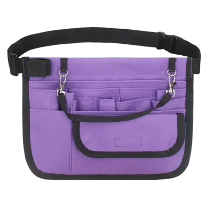 A purple multi-pocket crossbody organiser with two front compartments, twin swivel clips and a wide strap