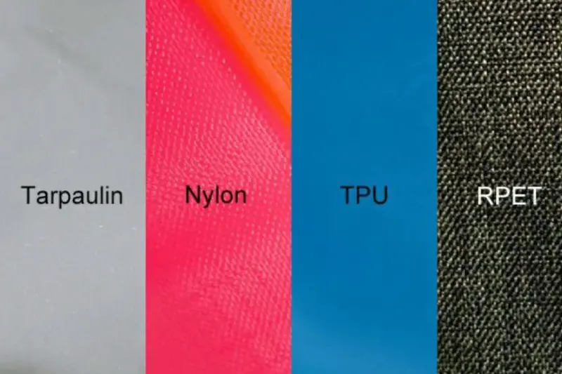 Four material swatches laid side by side — tarpaulin, nylon, TPU and RPET — labelled under a material options board