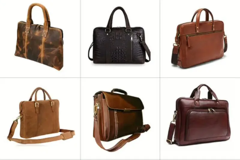 A grid of six briefcase and tote shapes in different leathers on a white background, showing a range of forms
