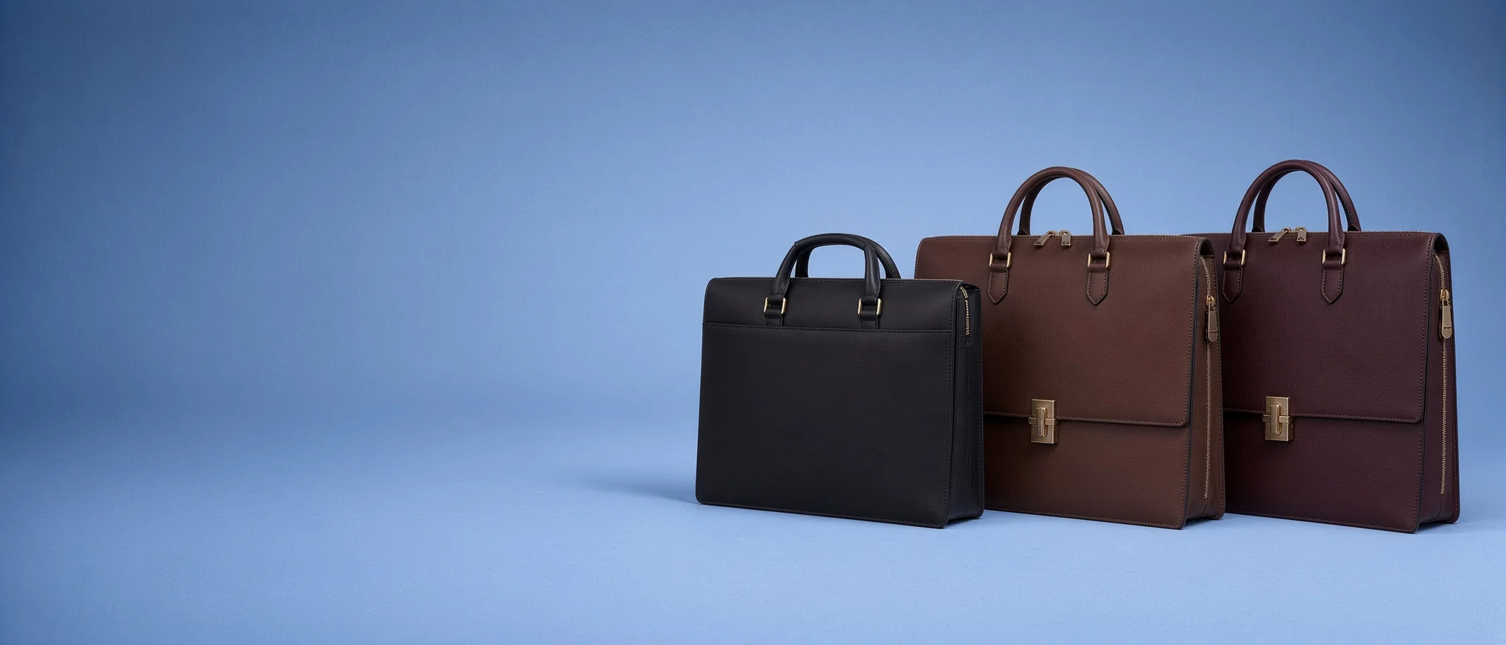 Three leather contract folios in black, brown and oxblood standing on a blue studio sweep