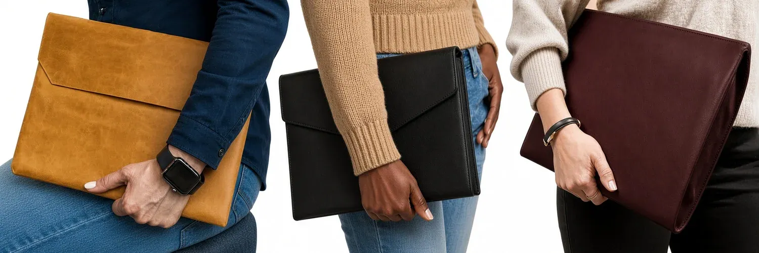 Three shoppers each carrying a leather document folio from the contract range