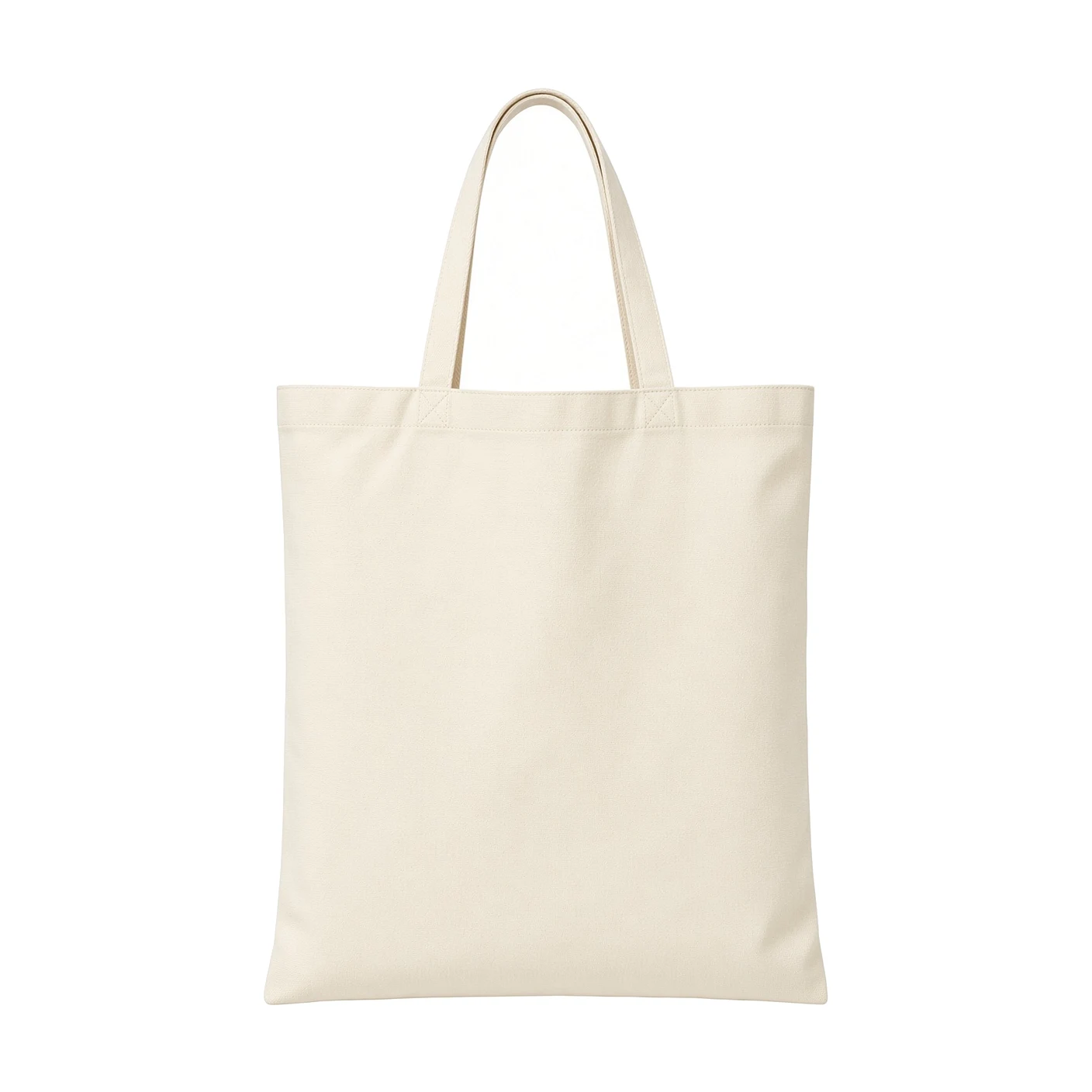 A plain cream cotton canvas tote bag with two stitched handles, on a white ground