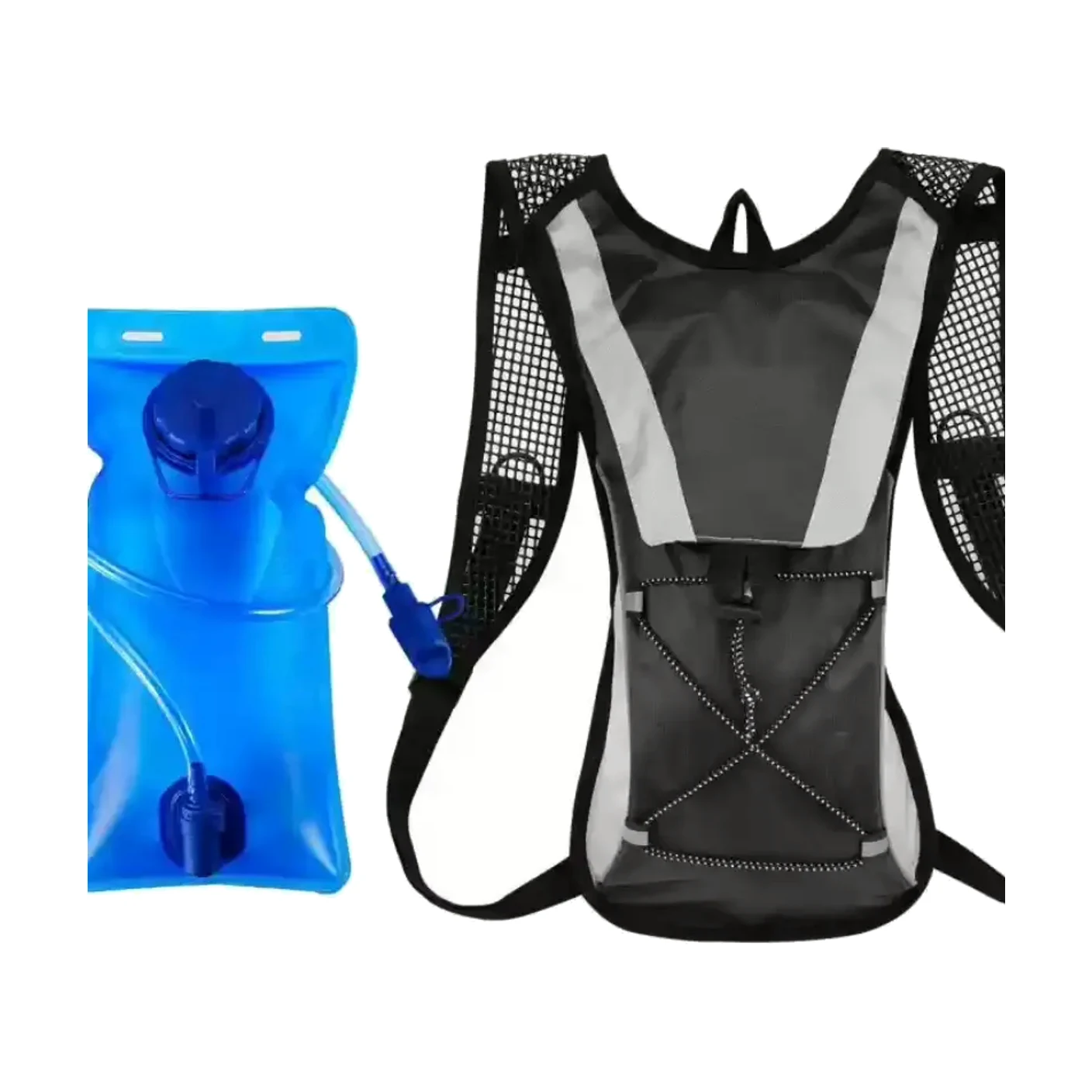 A black mesh hydration backpack beside a blue water reservoir with a drinking tube and bite valve