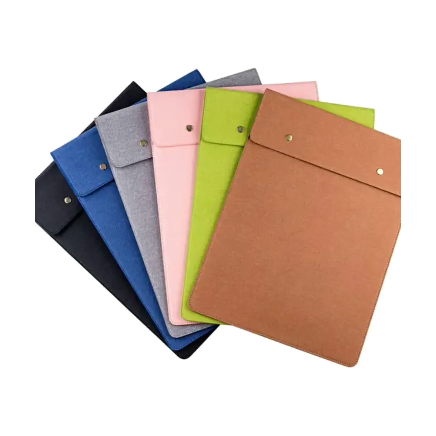 A fanned set of board document folders with snap-stud flaps, in black, grey, pink, green and brown