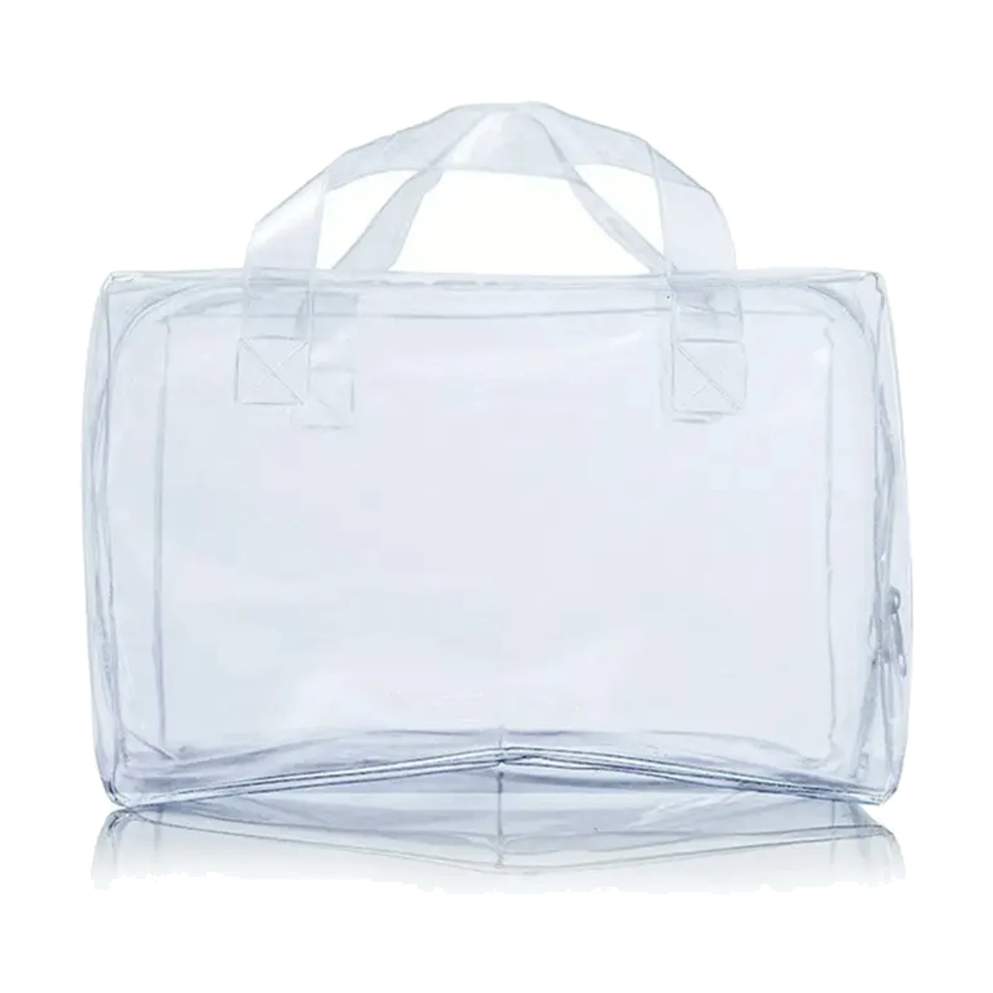 A clear plastic conference carry bag with twin woven handles on a white ground