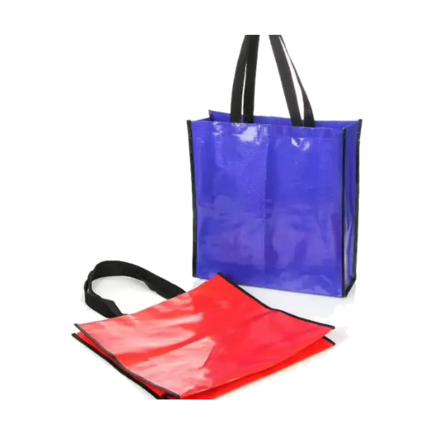 Two non-woven polypropylene bags, one printed purple and one plain red, against a white background