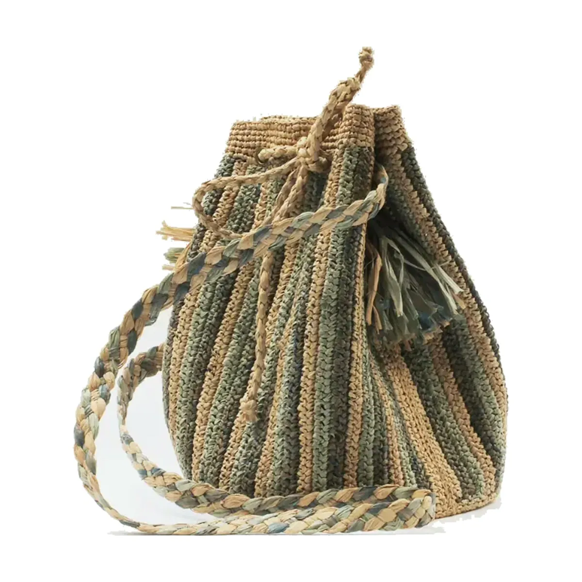 A woven raffia drawstring bag with a plaited rope handle, on a white ground