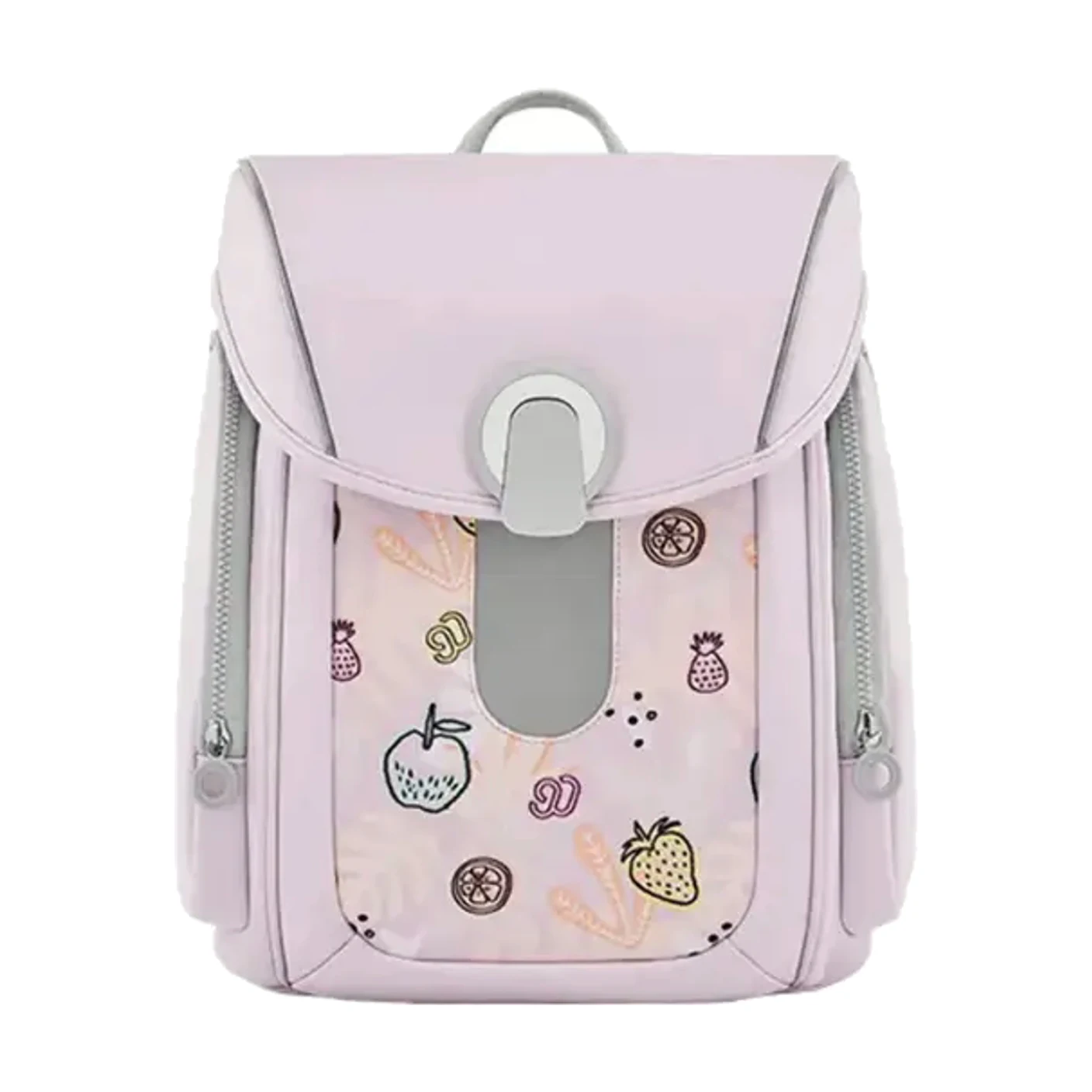 A pale pink children’s backpack with a front flap and a printed fruit motif, against a white background