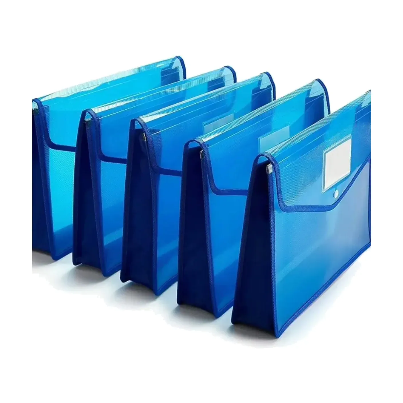 Four translucent blue plastic document wallets, each with a white label window on its flap