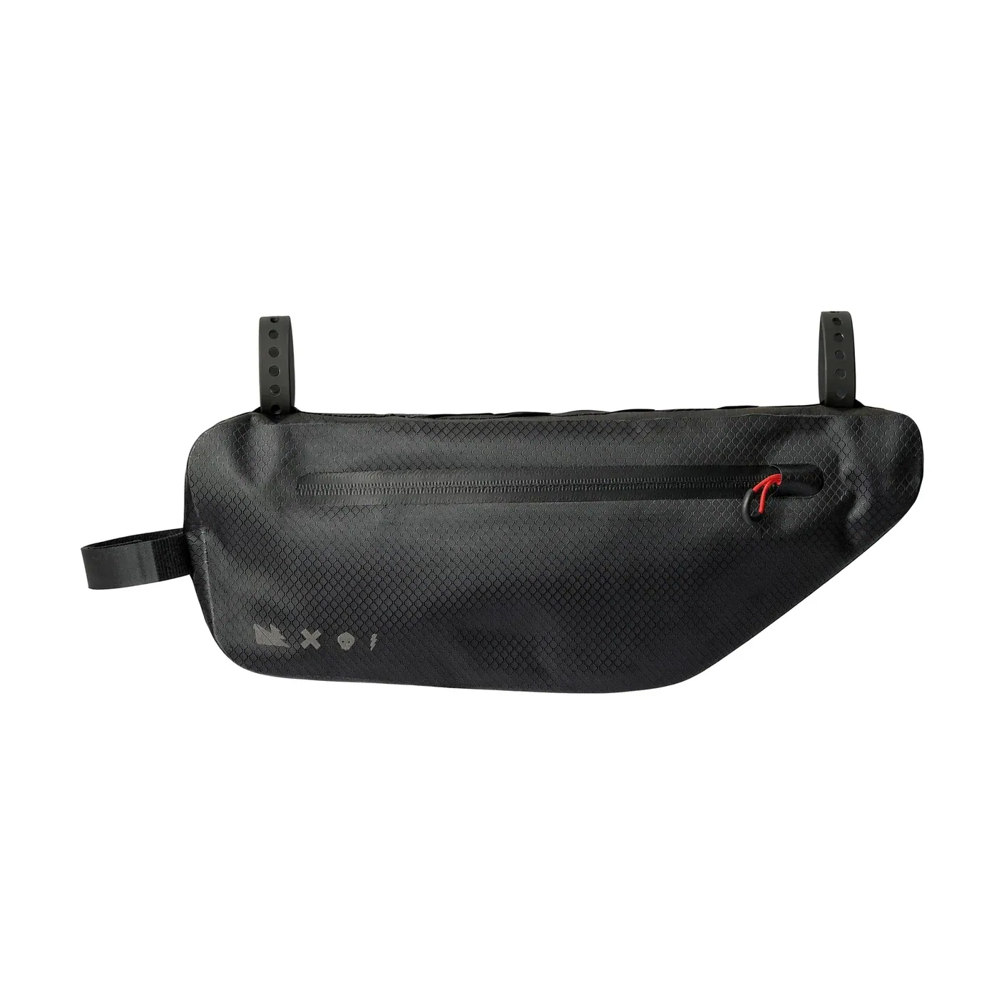 A black ripstop bike frame bag with two mounting straps, a zip with a red pull, and small printed icons on the face