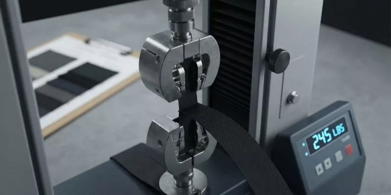 Industrial tensile machine testing 900D nylon fabric strength at 245 lbs.