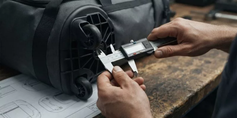 Technician using a digital caliper to measure the wheel base structure of a prototype sports bag.