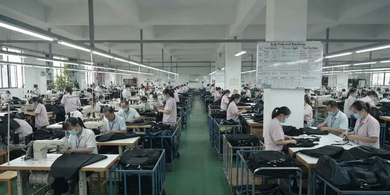 Busy bag manufacturing floor showing efficient mass-production line balancing.