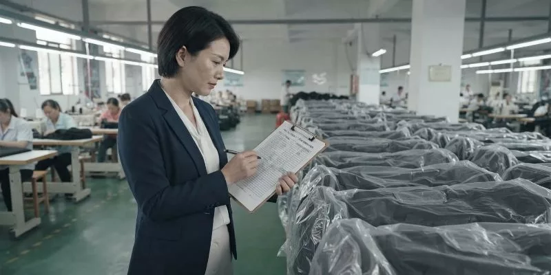 Sourcing auditor inspecting finished sports bags with a strict QA checklist on the factory floor.