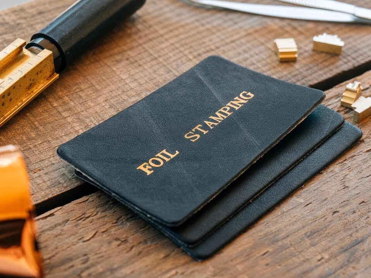 Gold foil stamped lettering pressed into stacked black leather covers, brass dies and a foil roll alongside
