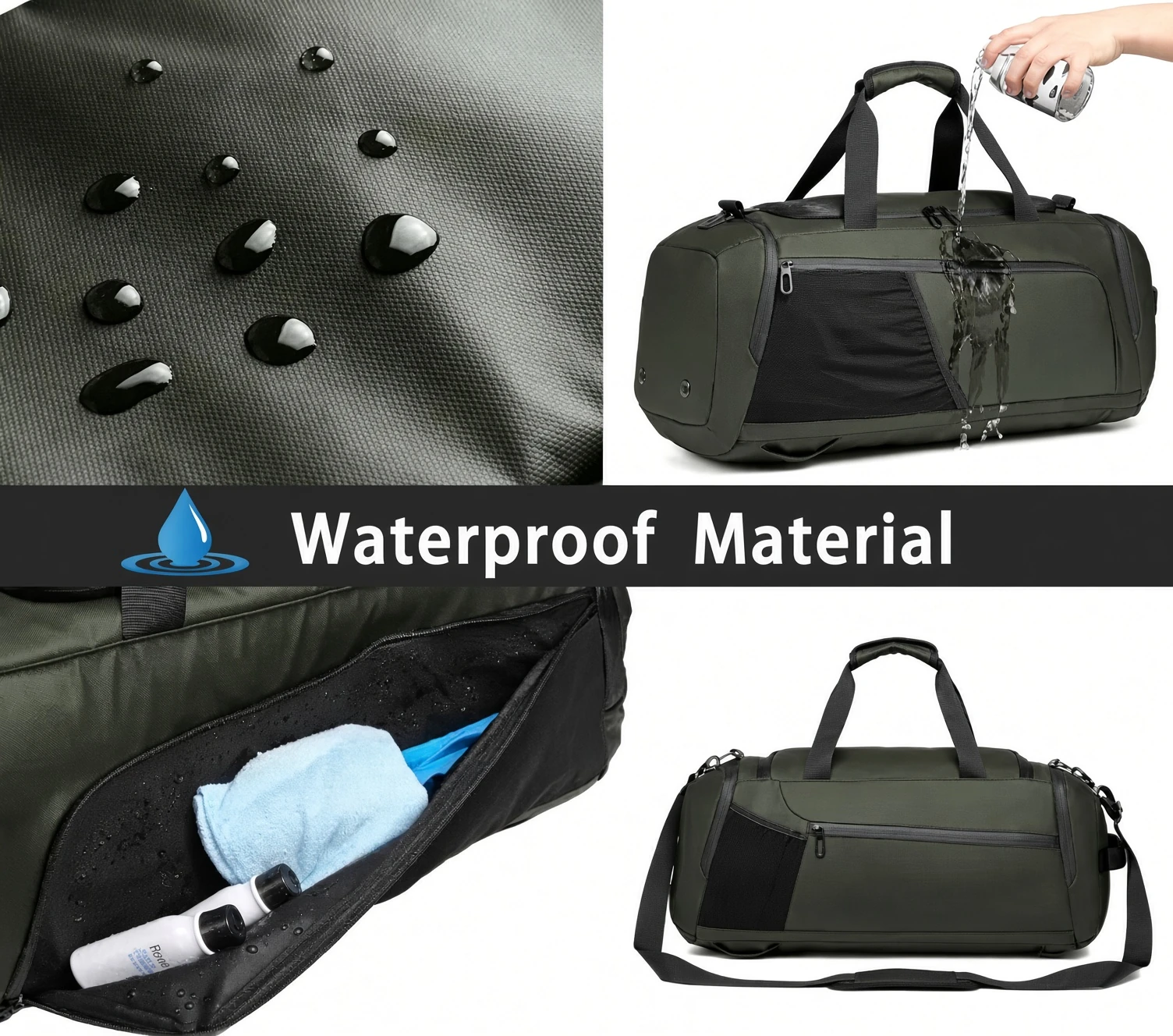 A duffle shown four ways: water beading on the shell, water poured over the bag, an open lined compartment holding a towel, and the bag with its shoulder strap