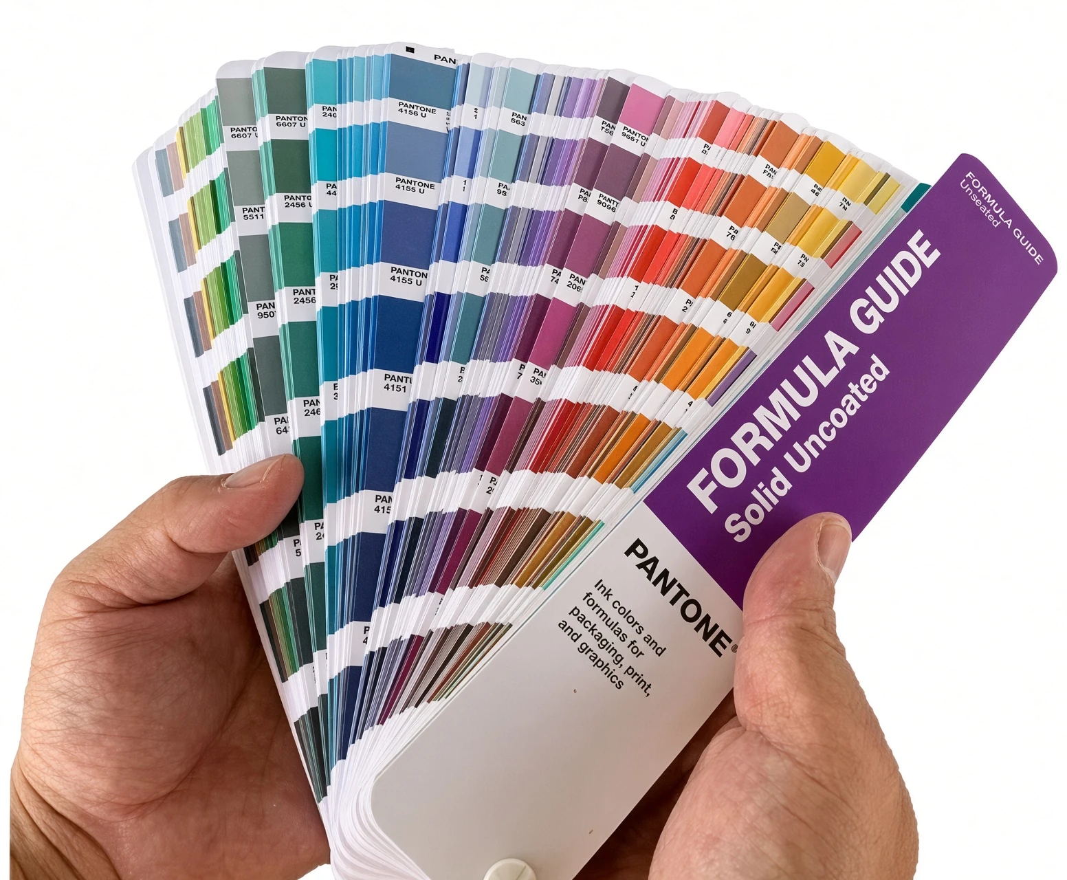 A Pantone formula guide fanned open in a pair of hands