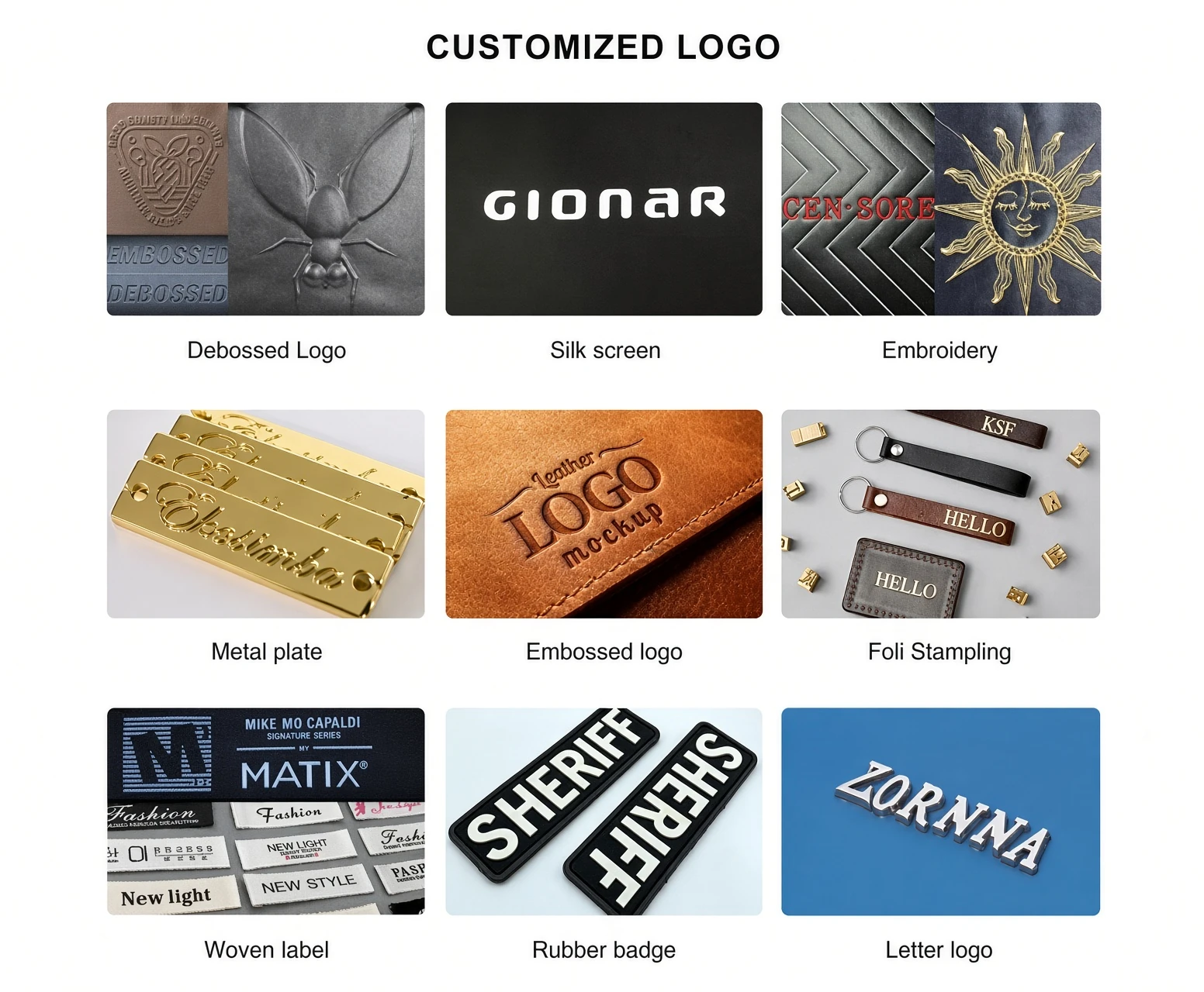 Nine logo and pattern samples labelled debossed logo, silk screen, embroidery, metal plate, embossed logo, foil stamping, woven label, rubber badge and letter logo