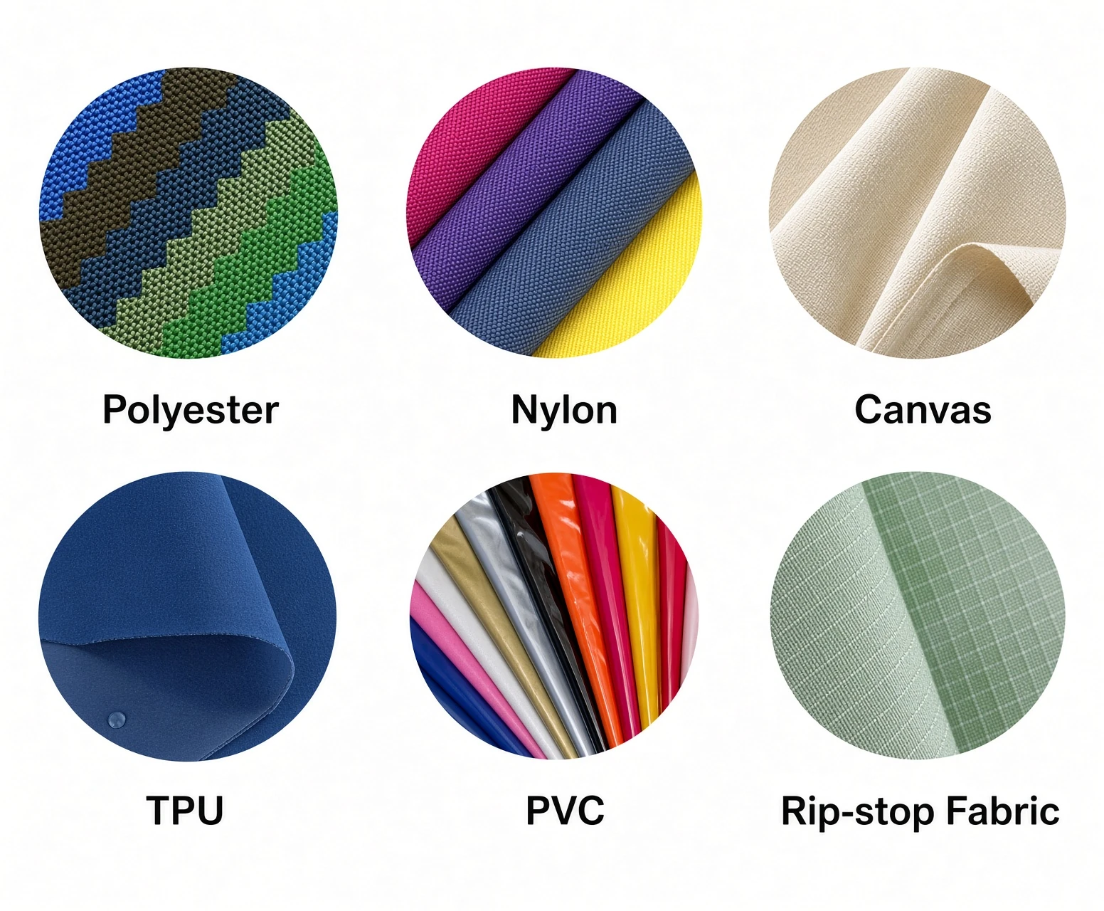 Six fabric swatches labelled polyester, nylon, canvas, TPU, PVC and ripstop fabric