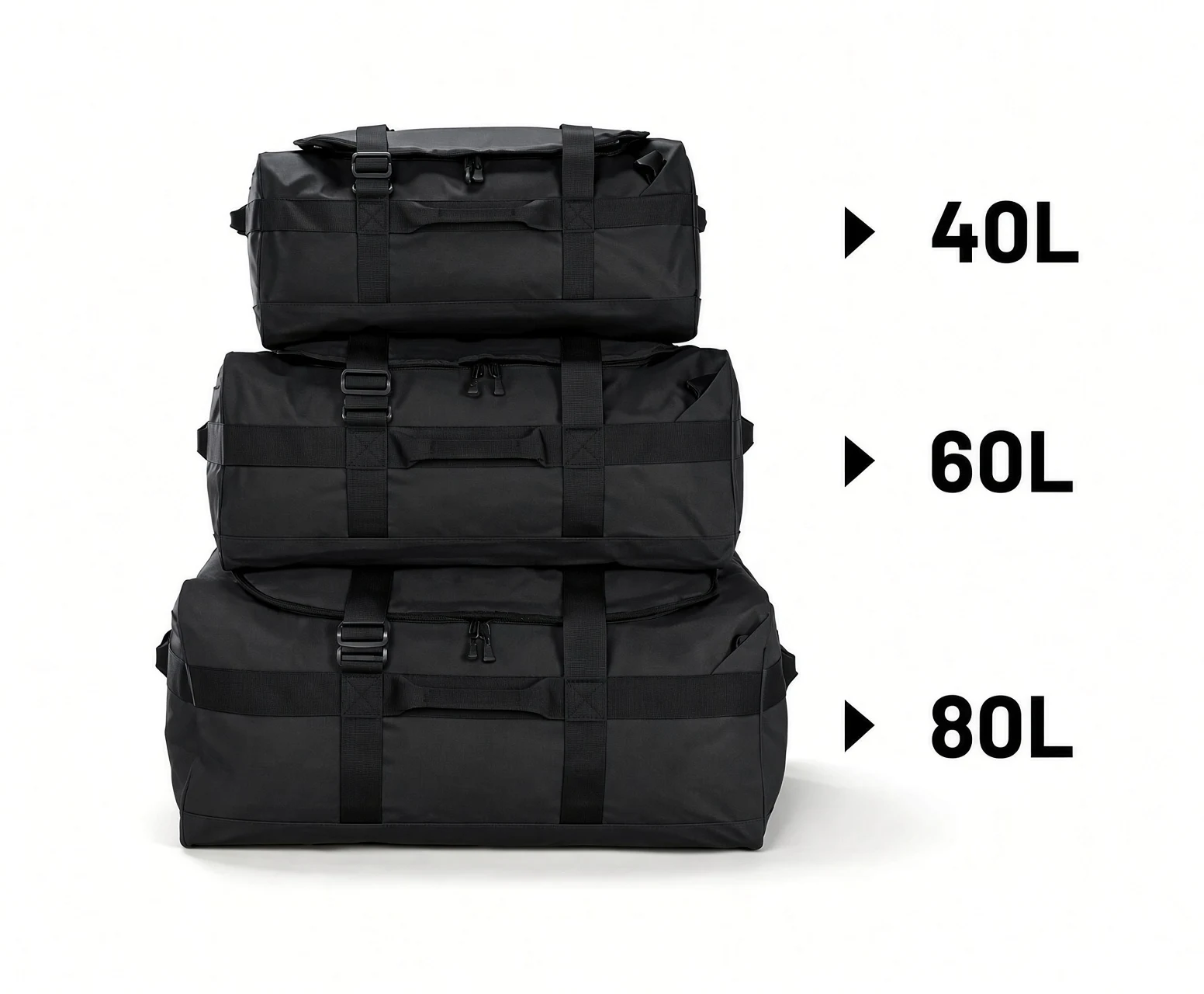 Three black duffle bags stacked in ascending sizes, labelled 40L, 60L and 80L