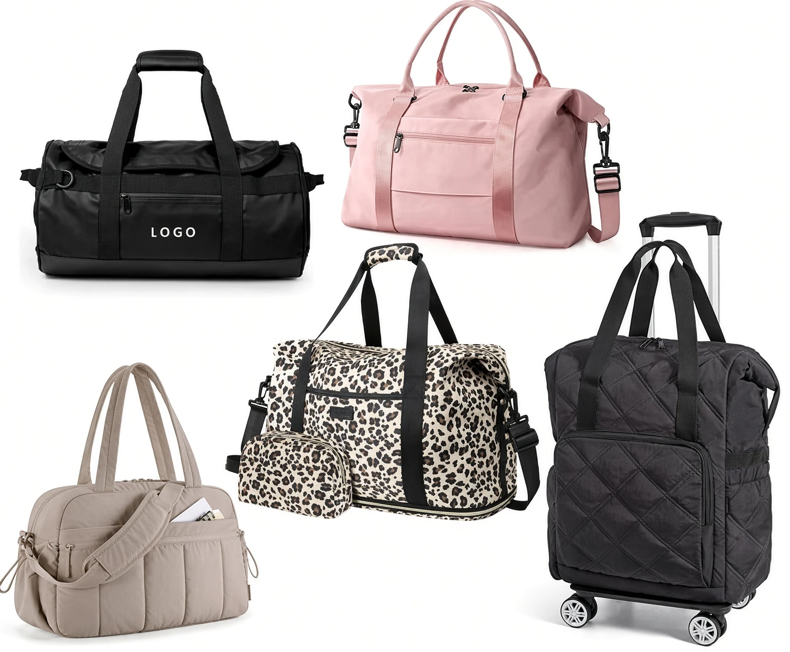 Five duffle bags in different styles — a black weekender, a pink travel duffle, a leopard-print duffle with a matching pouch, a taupe barrel bag and a black wheeled duffle