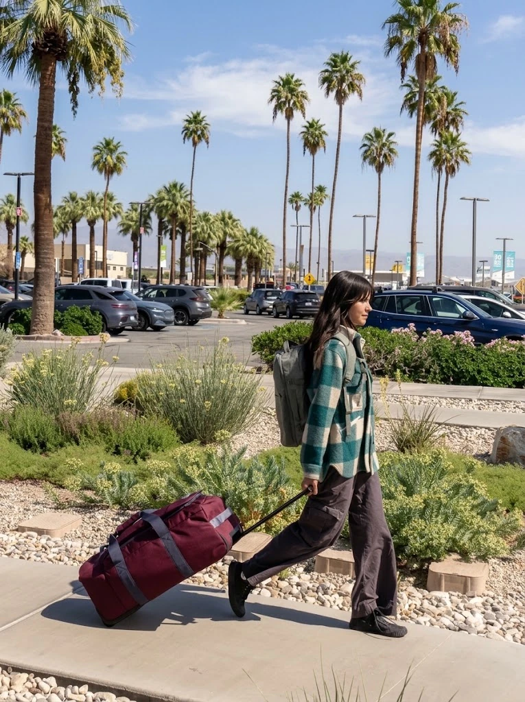 A burgundy wheeled duffle towed across a palm-lined car park