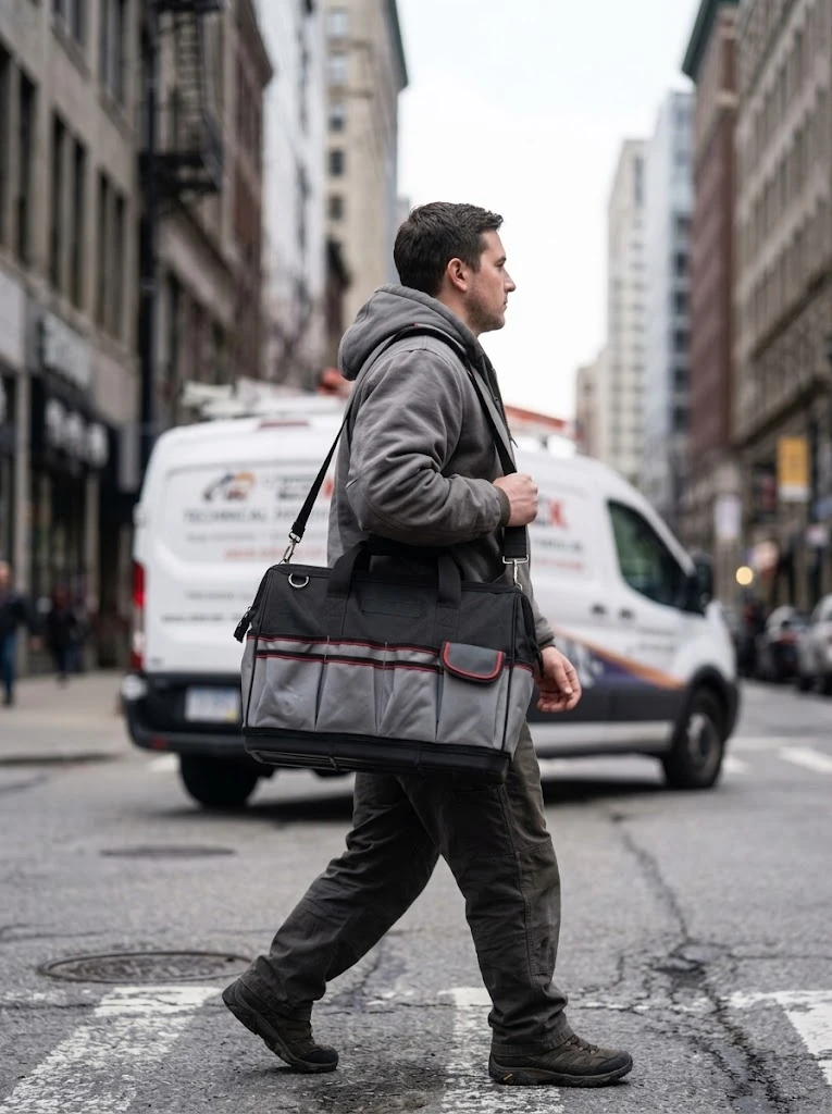 A grey and black tool duffle carried on the shoulder across a city street