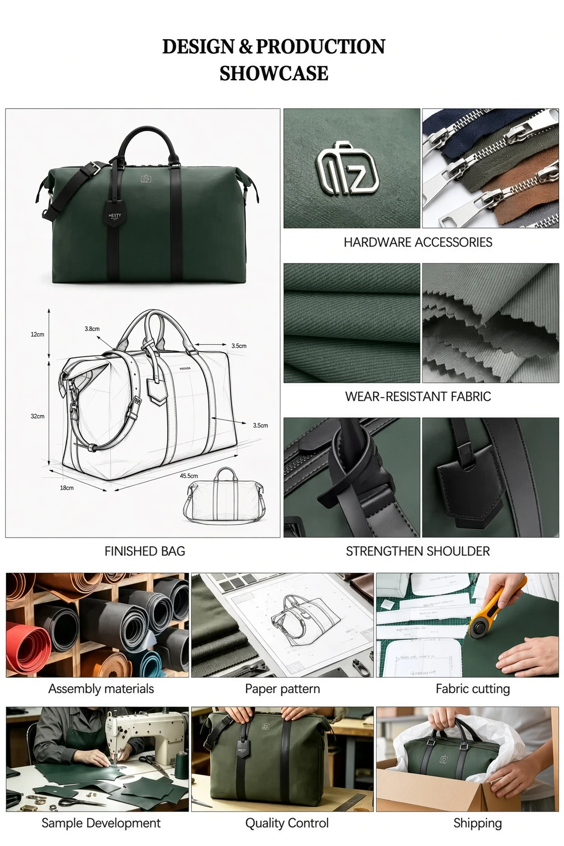 A design and production board for a dark green holdall: the finished bag, a dimensioned line drawing, hardware and shoulder-strap detail, wear-resistant fabric, and cutting, control and shipping stages