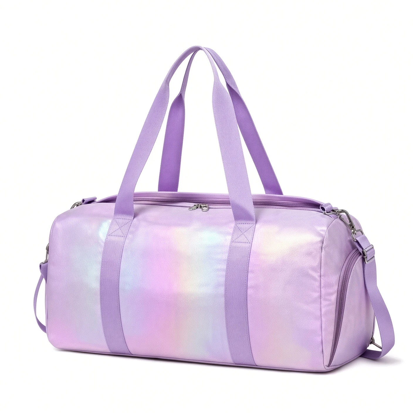 A lavender gym bag with two webbing-handle runs across the body, a detachable shoulder strap and a zipped side pocket