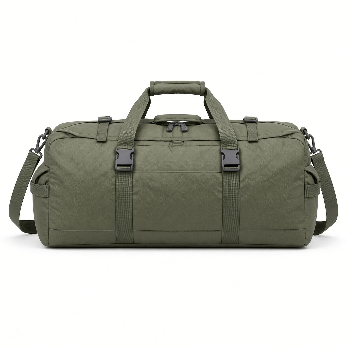 An olive military duffle bag with two front buckle straps, a padded handle wrap and a detachable shoulder strap